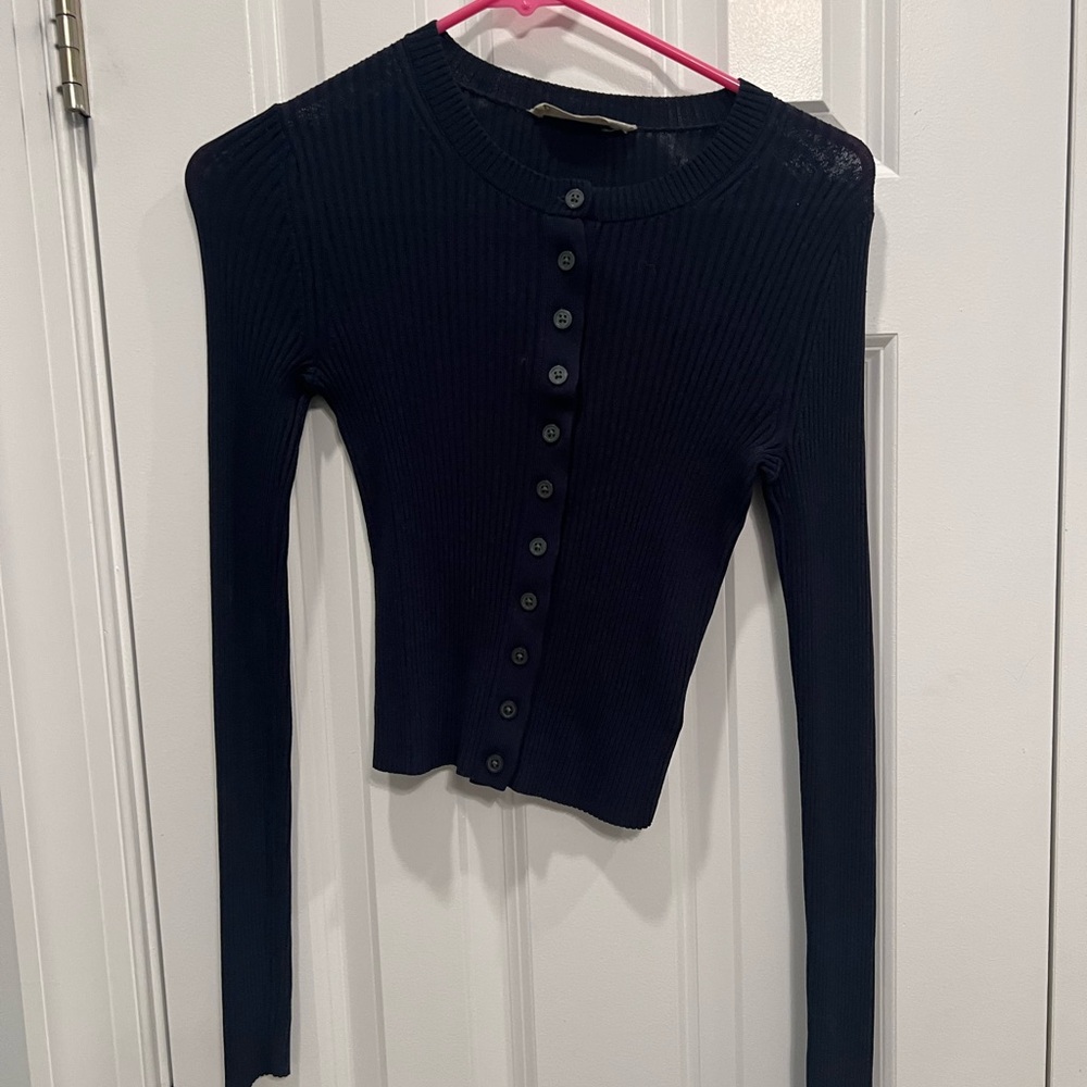 Women's Black Ribbed Button-Up Top